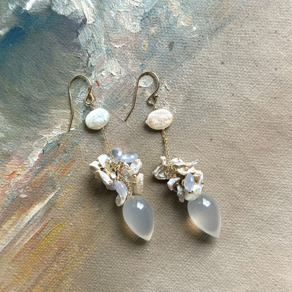 Chalcedony & Freshwater Pearl Cluster Earrings