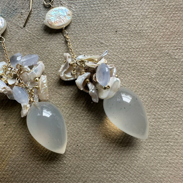 Chalcedony & Freshwater Pearl Cluster Earrings