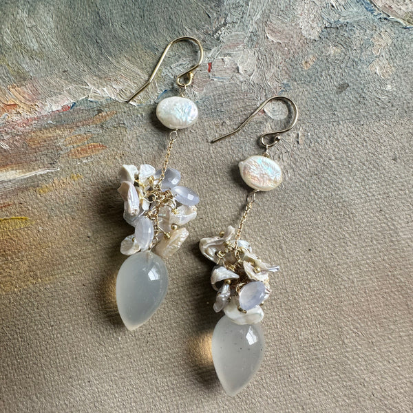 Chalcedony & Freshwater Pearl Cluster Earrings