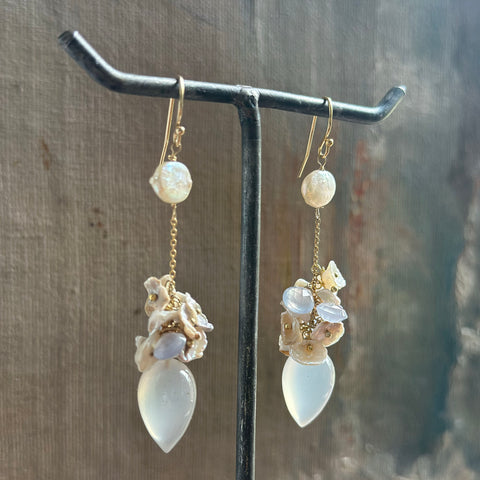 Chalcedony & Freshwater Pearl Cluster Earrings