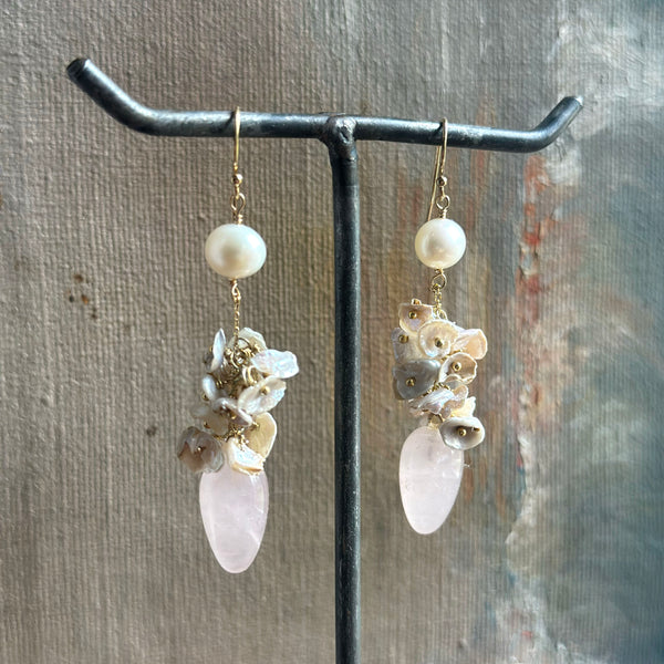 Rose Quartz & Freshwater Pearl Cluster Earrings