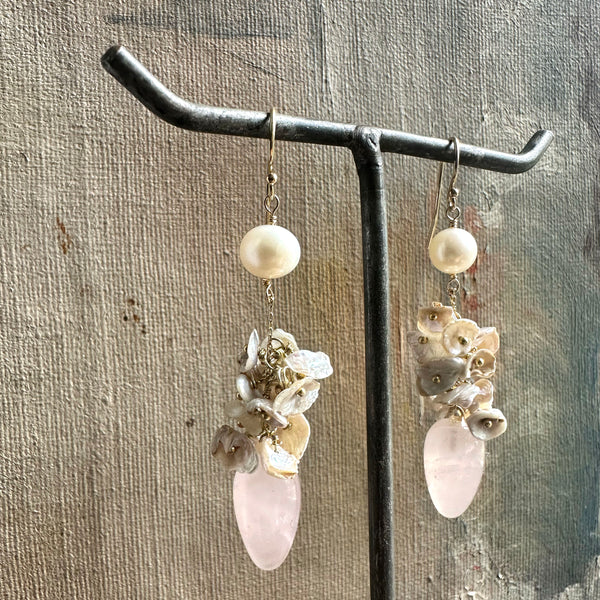Rose Quartz & Freshwater Pearl Cluster Earrings
