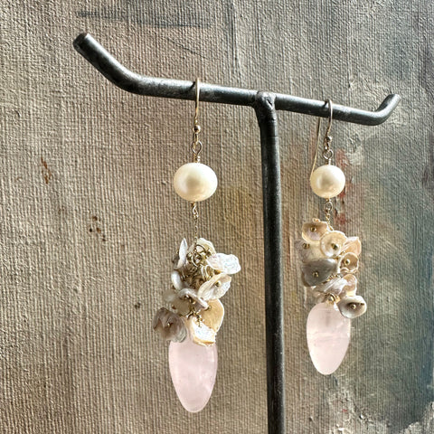 Rose Quartz & Freshwater Pearl Cluster Earrings