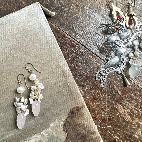 Rose Quartz & Freshwater Pearl Cluster Earrings