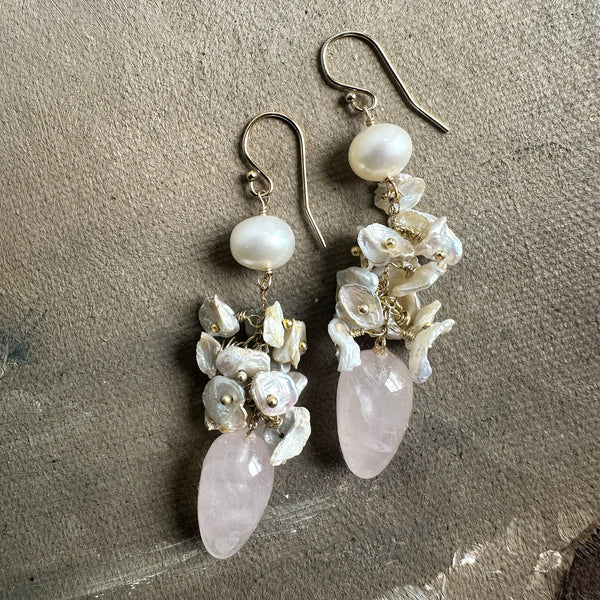Rose Quartz & Freshwater Pearl Cluster Earrings