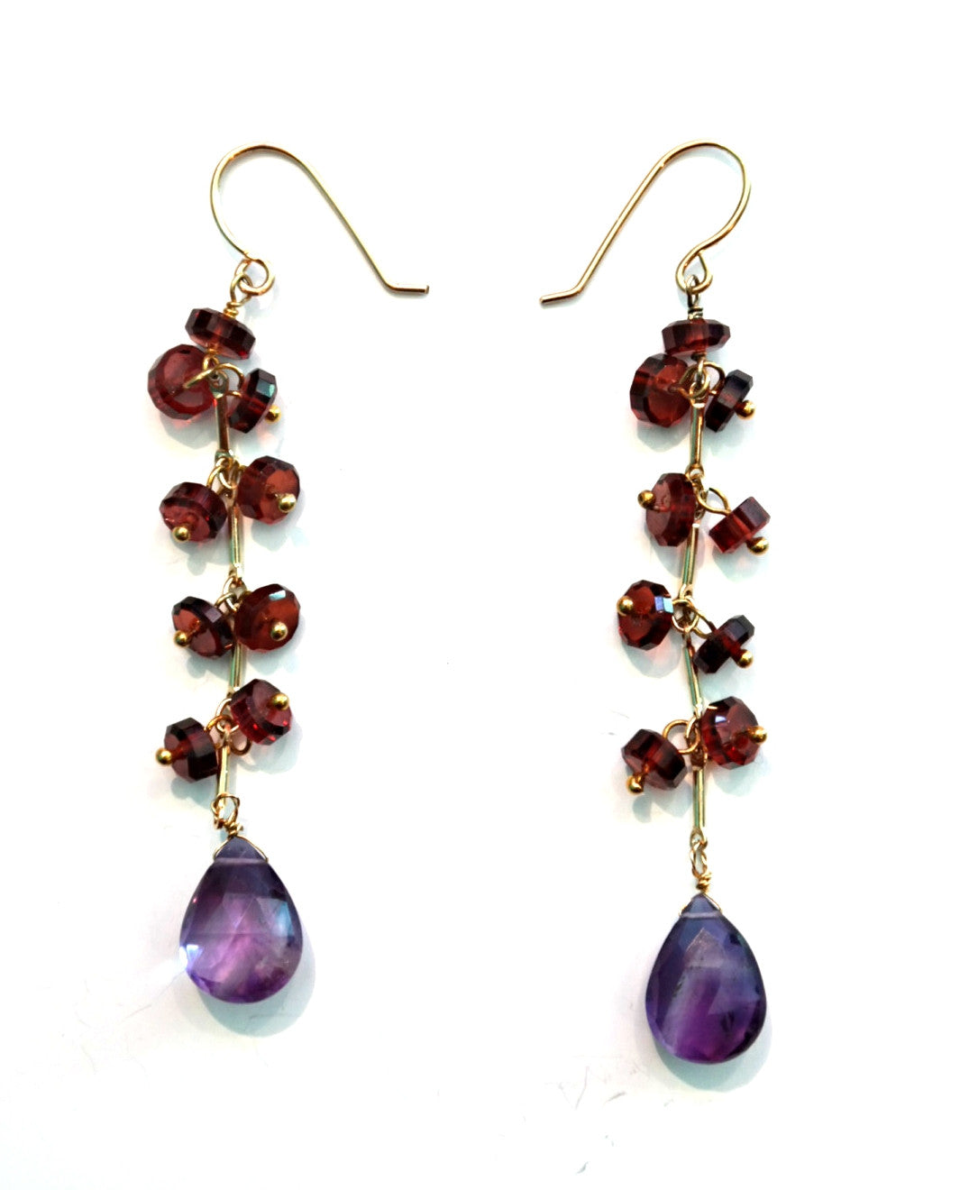 Long Garnet Bead Earrings With Amethyst Teardrop
