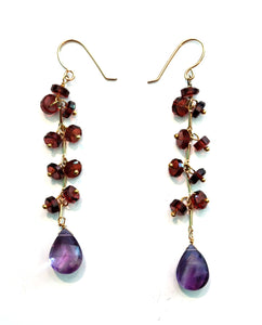 Long Garnet Bead Earrings With Amethyst Teardrop