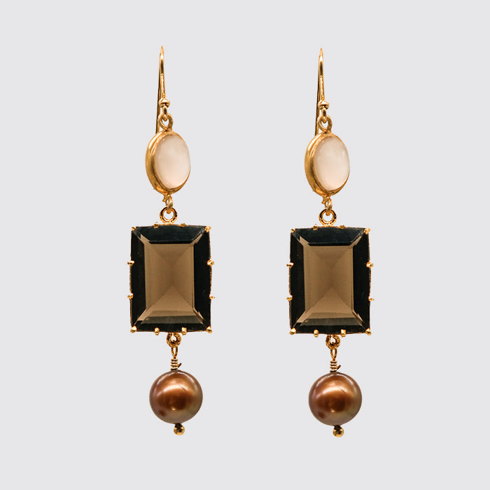 Moonstone, Smokey Quartz, Fresh water pearl earrling
