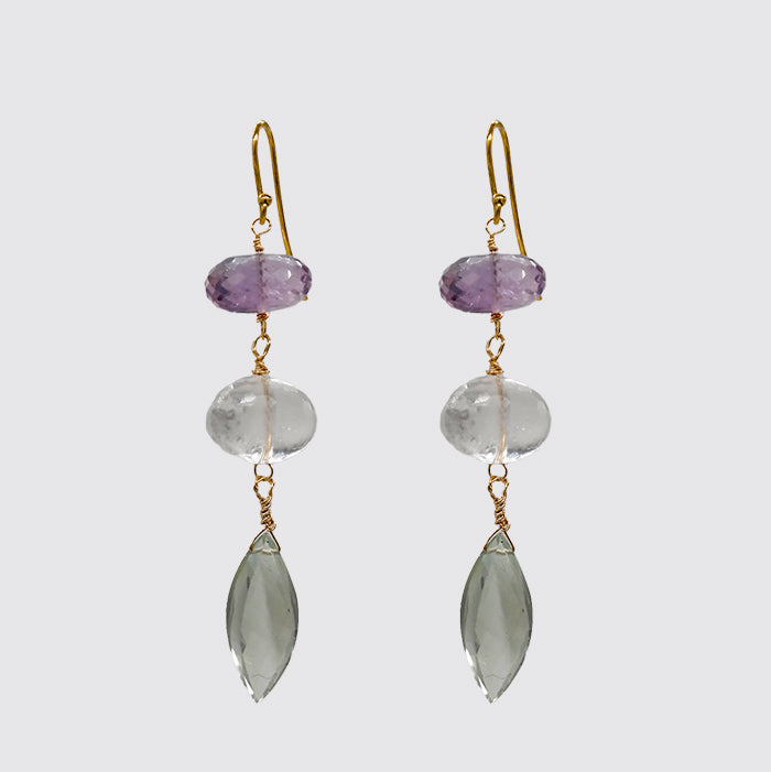 Gemstone earring: Amethyst, Crystal, Green Garnet