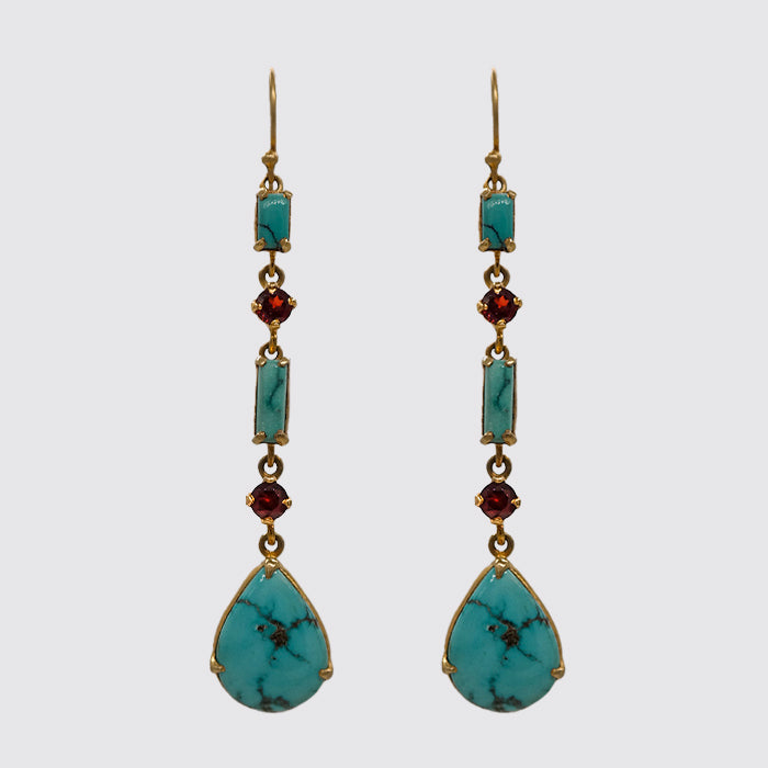 Long Gemstone Earring, Turquoise and Faceted Garnet
