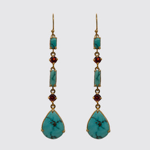 Long Gemstone Earring, Turquoise and Faceted Garnet
