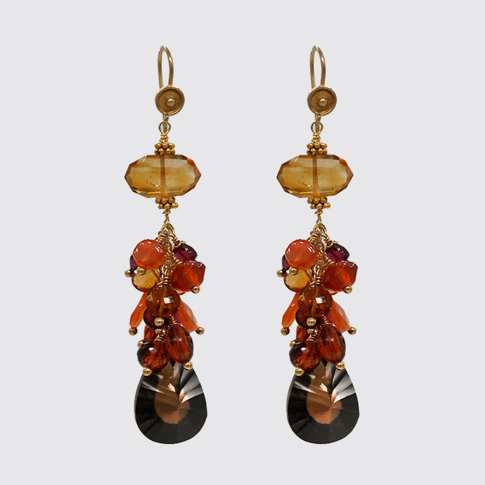 Long Cluster Earring: Faceted Hessonite, Carnelian, Smokey Topaz