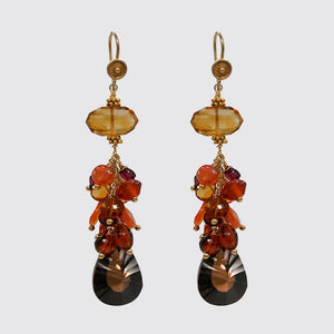 Long Cluster Earring: Faceted Hessonite, Carnelian, Smokey Topaz