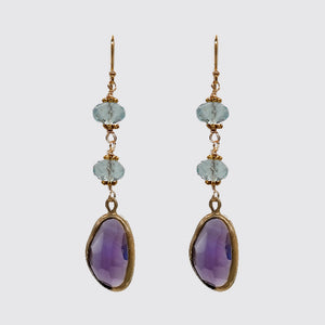 Earrings: Blue Topaz, Bezel set Amethyst
