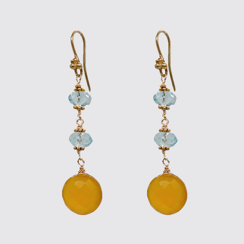 Earring: Faceted Blue Topaz, Yellow Chalcedony Drop