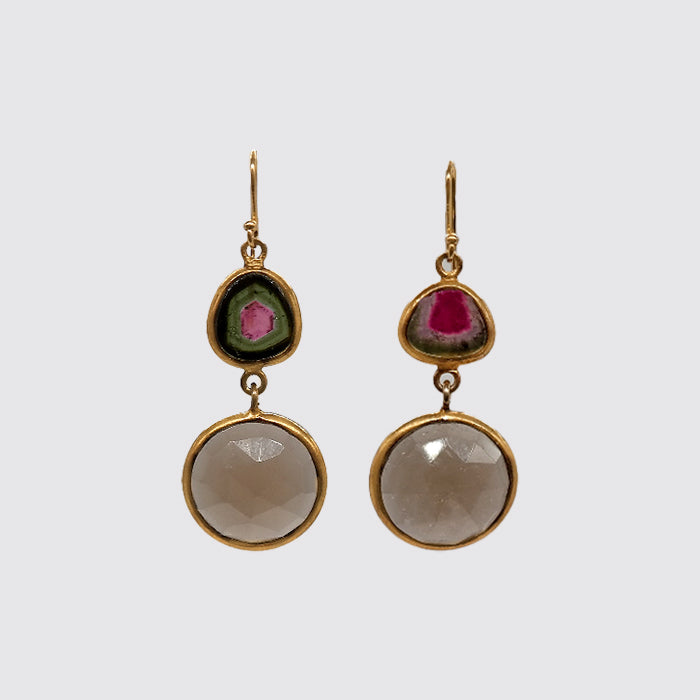 Bezel Set Watermelon Tourmaline, Smokey Topaz Drop