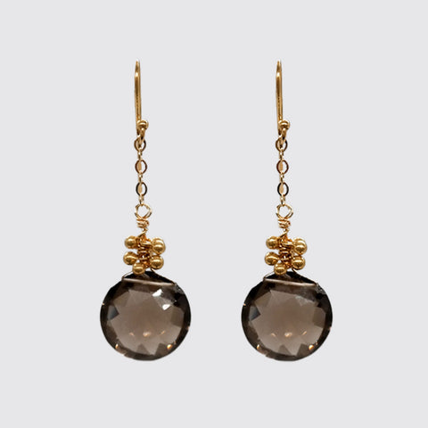 Earring:Faceted Smokey Topaz Round Briolette on chain
