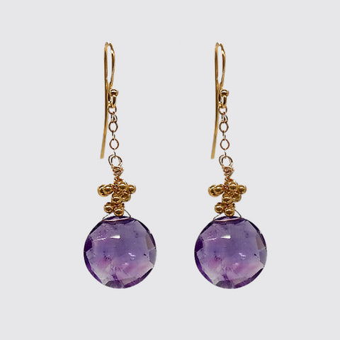 Earring: Faceted Amethyst Round Briolette on chain