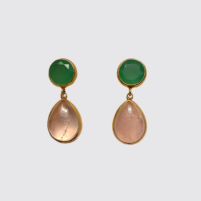 Post Earring: Bezel Set- Green Adventurine, Rose Quartz