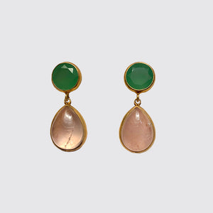 Post Earring: Bezel Set- Green Adventurine, Rose Quartz
