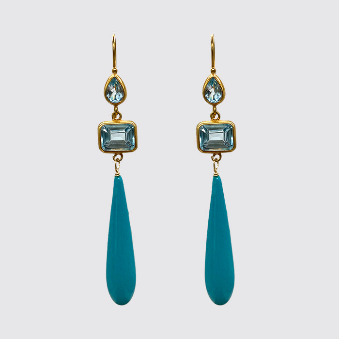 Bezel Set Aquamarine, Long Turquoise Tear Drop Earring