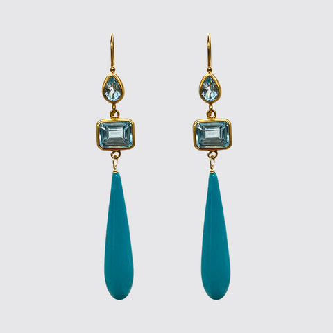Bezel Set Aquamarine, Long Turquoise Tear Drop Earring