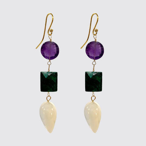 Dangle Earring: Amethyst, Malachite and Mother of Pearl