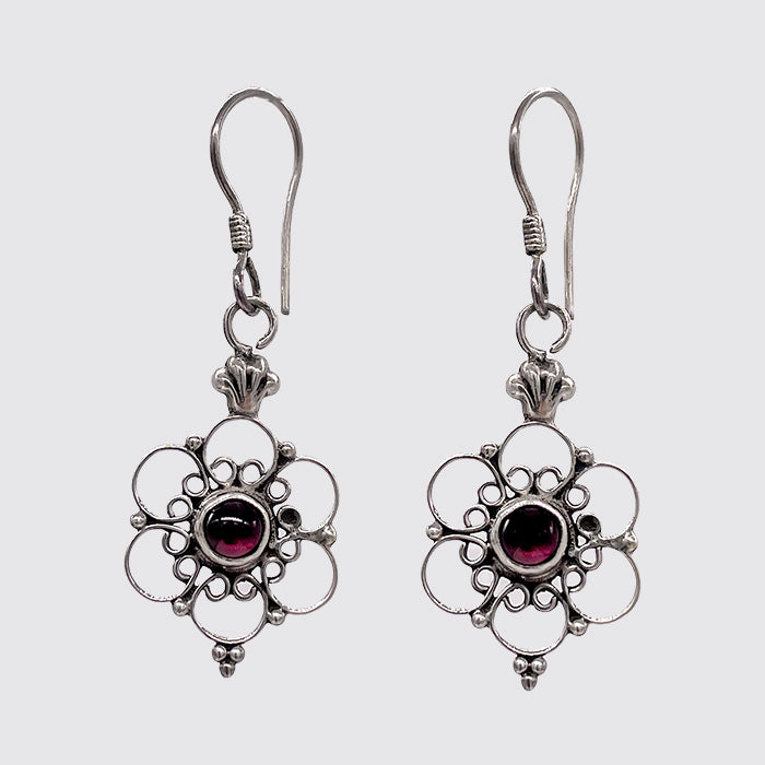 Sterling Silver, Garnet, Flower earring