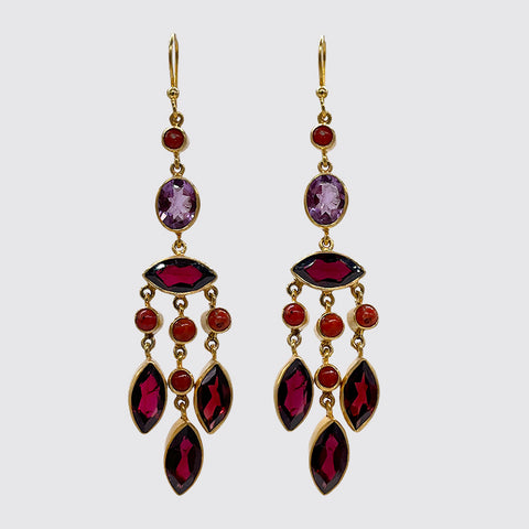 Long Semi-precious Stone Earring amethyst, garnet, coral