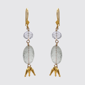 Gold, Green Garnet Dangly Earrings/ 22 K gold drops