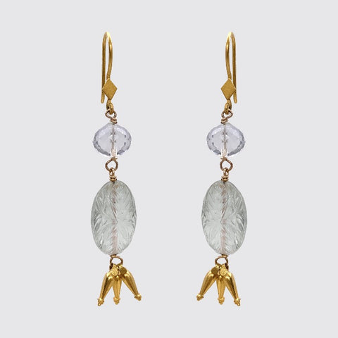 Gold, Green Garnet Dangly Earrings/ 22 K gold drops