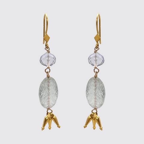 Gold, Green Garnet Dangly Earrings