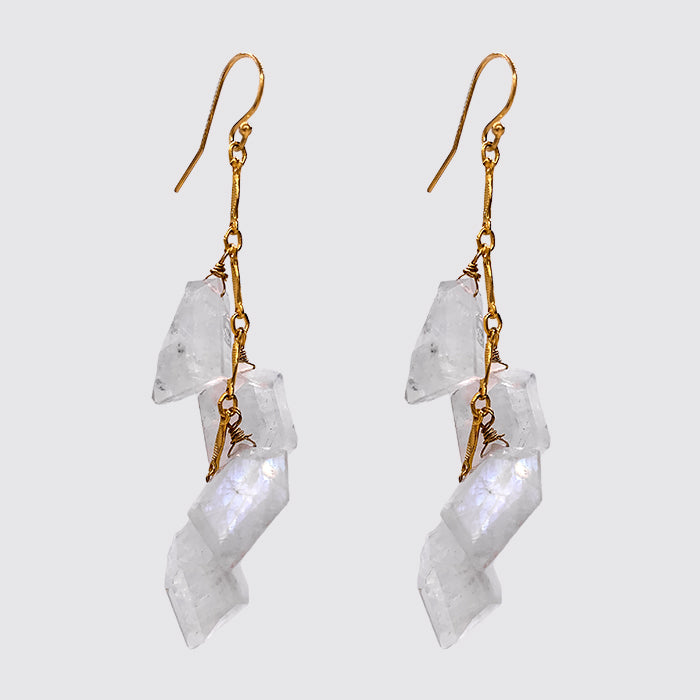 Slices Faceted Moonstone on Bar Chain Earrings