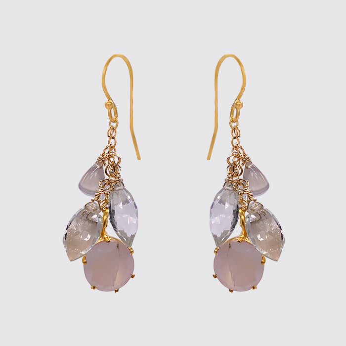 Cluster Earring with moonstone, Grey Chalcedony, Crystal Marquis