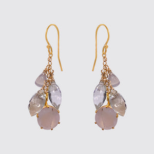 Cluster Earring with moonstone, Grey Chalcedony, Crystal Marquis