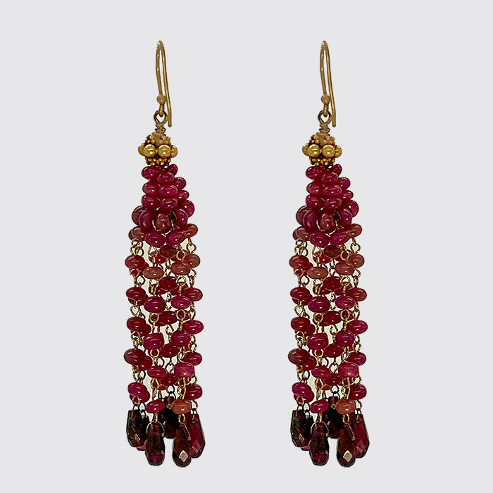 Gold Ruby Tassel Earrings with Garnet Briolettes