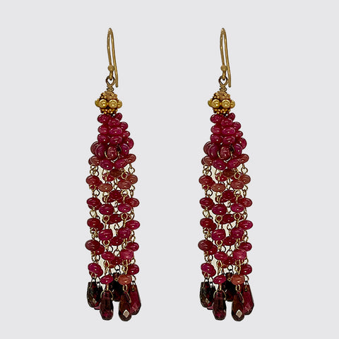Gold Ruby Tassel Earrings with Garnet Briolettes