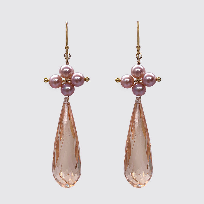 Pink Pearl flower/Faceted CZ Drop Earring