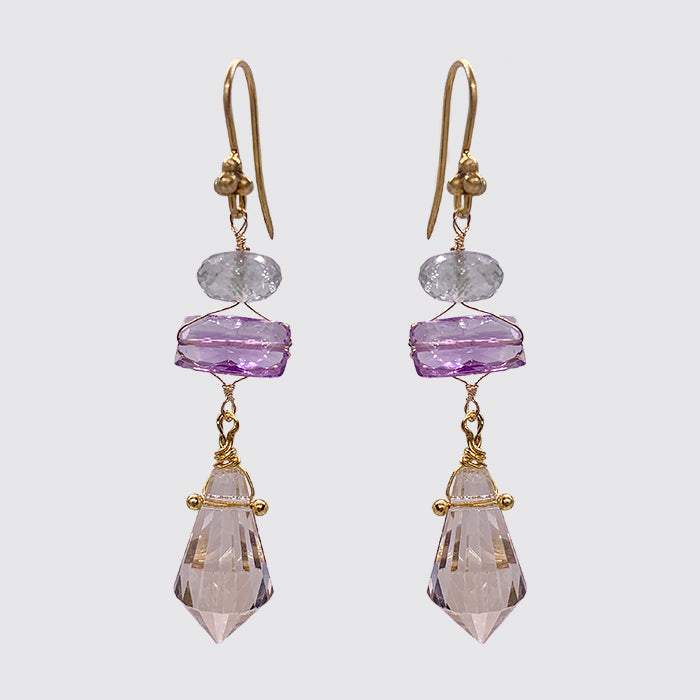 Dangle Earring: Green Amethyst, Amethyst, Rock Crystal