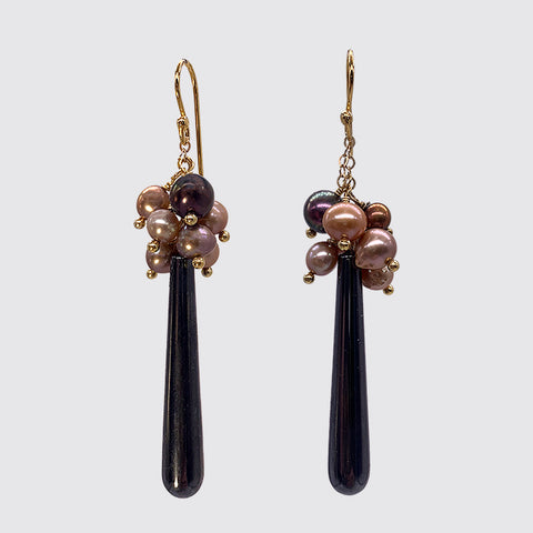 Dangly Hematite Tear drop with fresh water pearl cluster Earring