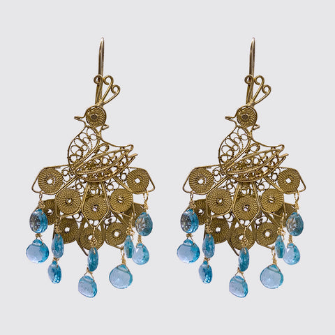 Handmade Filigree Birds with Aqua Hanging Briollettes- Earring