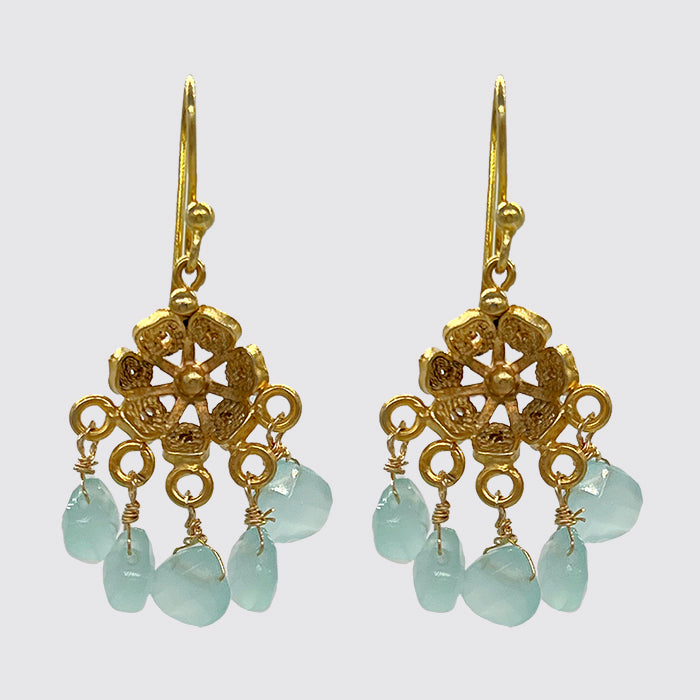 Small Flower Filigree Earrings with Green Chalcedony Dangles