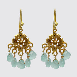 Small Flower Filigree Earrings with Green Chalcedony Dangles