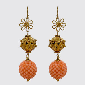 Dangle Earring with Flower and Handmade bead and Coral Ball