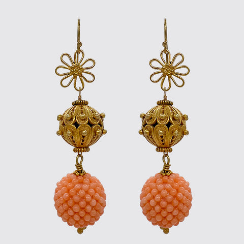 Dangle Earring with Flower and Handmade bead and Coral Ball
