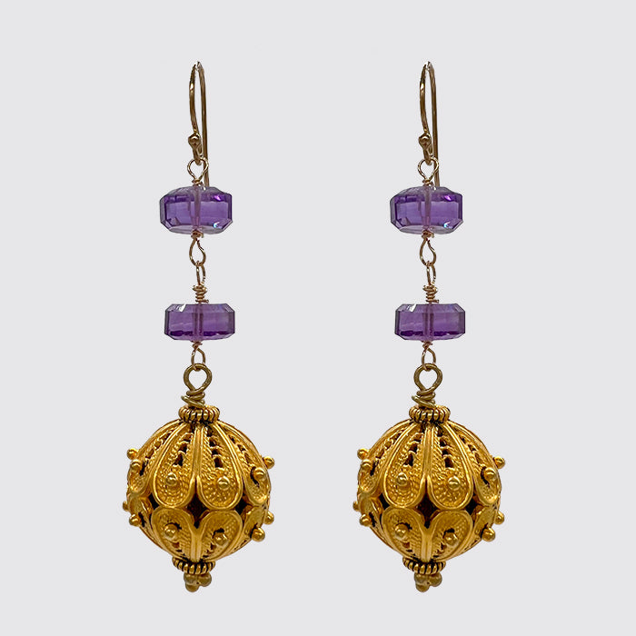 Earring with Faceted Amethyst Rondelle and Handmade Bead