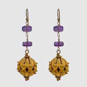 Earring with Faceted Amethyst Rondelle and Handmade Bead
