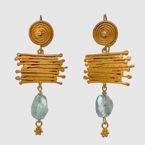 Earring:Spiral Top with Abstract Shape and Aquamarine Drop