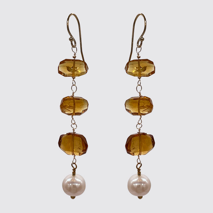 Long Earring with Faceted Amber Citrine and Fresh Water Pearl