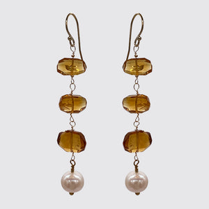 Long Earring with Faceted Amber Citrine and Fresh Water Pearl